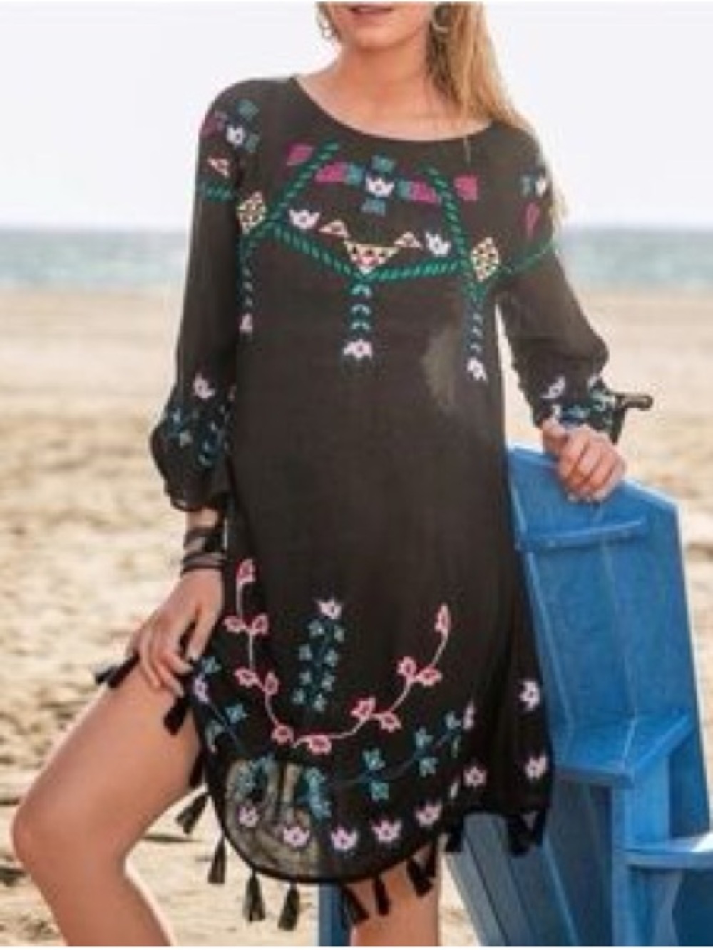 Sundance 100% Rayon Black Embroidered Long Sleeve Tassel Hem Dress